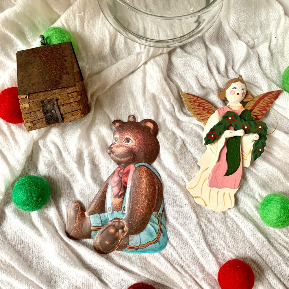 Vintage Set of Christmas Ornaments Angel Bear House Bundle